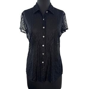 VINTAGE Y2K 90s The Works Saks Fifth Avenue Black Shirt Floral Sheer Button Up 6